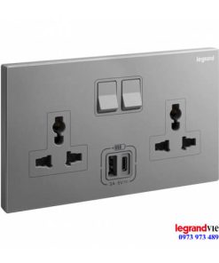Ổ cắm đôi đa năng kèm USB màu Dark Silver Galion