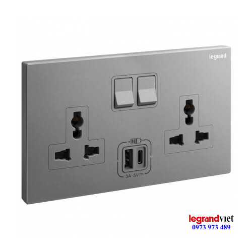 Ổ cắm đôi đa năng kèm USB màu Dark Silver Galion